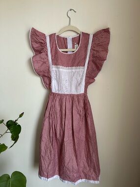 ' Red Gingham Dress with White Lace Bib
